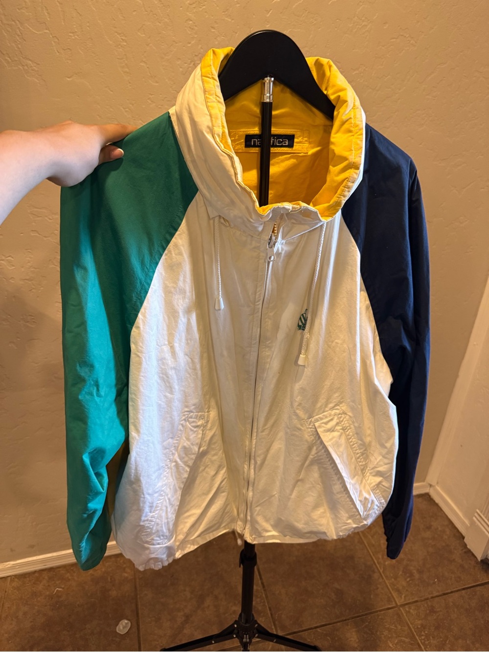 Vtg Reversible Nautica Colorblock Windbreaker with Green, Navy & Yellow